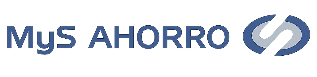 Logo de Mys Ahorro con isotipo azul y símbolo abstracto de enlace