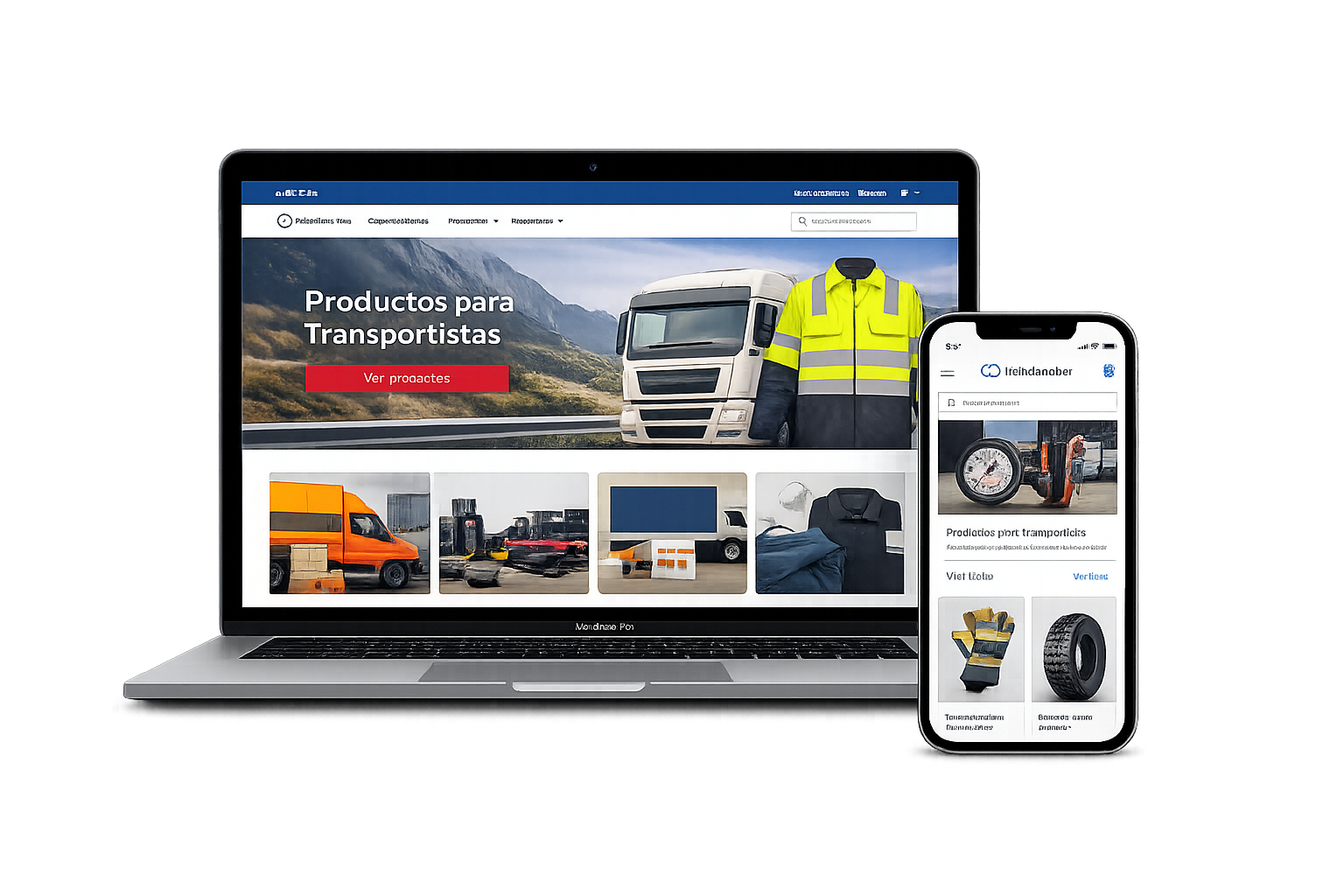 Vista de tienda online de productos para transportistas en laptop y celular