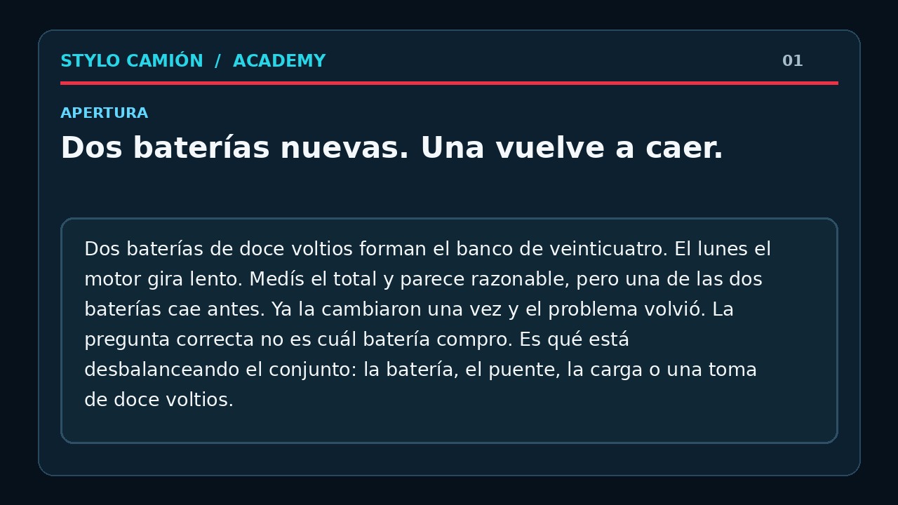 Una batería del banco de 24 V cae antes: batería, conexión o consumo a 12 V.